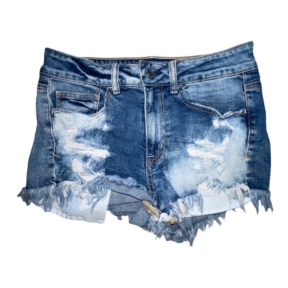 American Eagle AEO Distressed Stitched Hi-Rise Embroidered Shortie Shorts 6